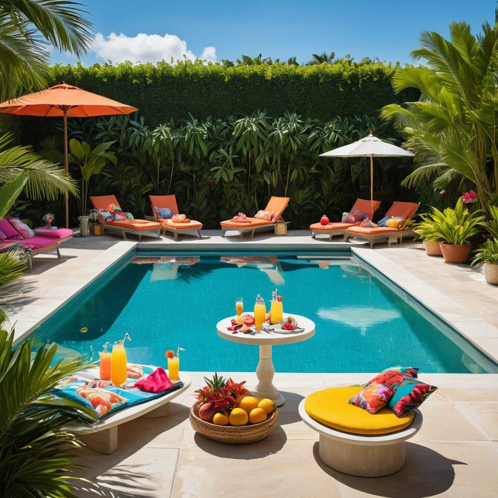 A stylish summer scene showcasing a diverse group of women in vibrant swimwear, lounging by a luxurious pool surrounded by lush tropical plants. Include various swimwear styles such as bikinis, one-pieces, and cover-ups, all in lively colors. Capture the essence of summer with sun hats, sunglasses, and refreshments on a chic poolside table. Bright and sunny atmosphere with a clear blue sky. super-realistic. vibrant colors. tropical vibe.