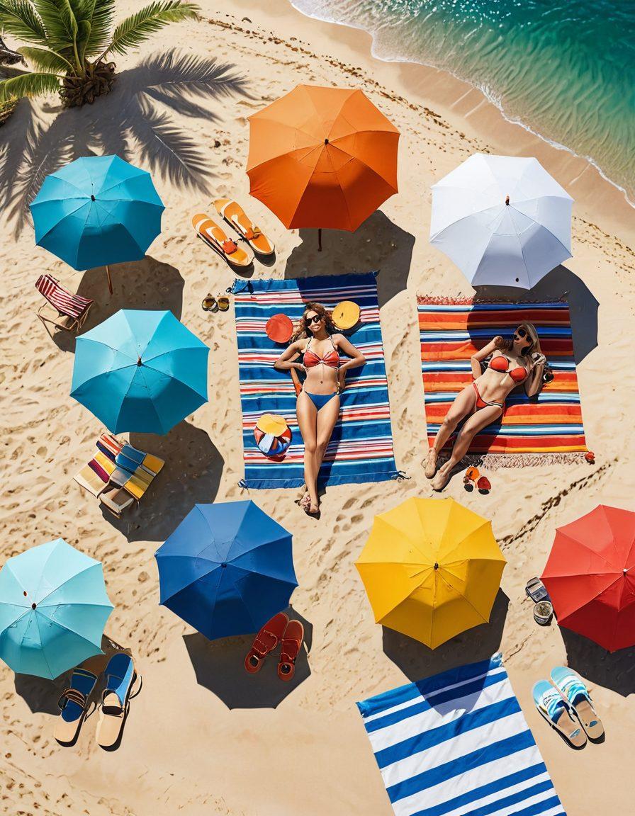 A vibrant beach scene featuring a diverse group of stylish individuals wearing various trendy bikinis, lounging on colorful beach towels. Include playful elements like beach umbrellas, sunglasses, and a picturesque ocean backdrop with palm trees swaying in the breeze. The atmosphere should radiate a sunny, carefree summer vibe. super-realistic. vibrant colors.